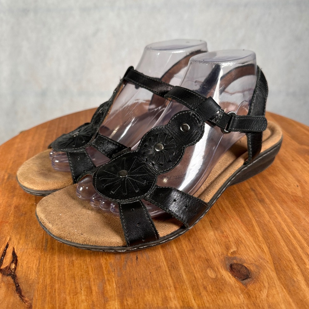 Natural Soul Sandals Women 9W Black Good Leather Floral Slingback Barro
